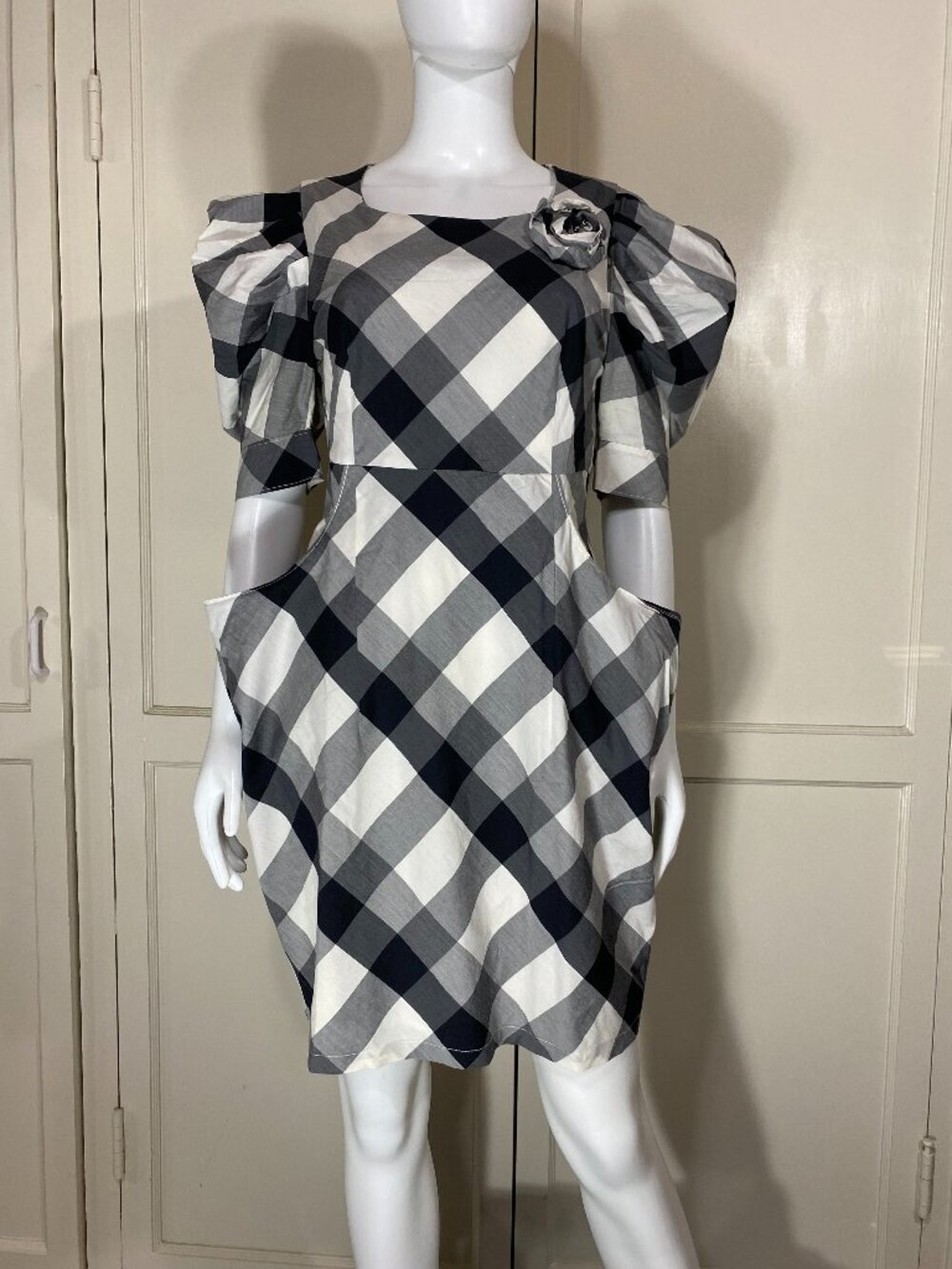 BURBERRY Blue Label Japan Silk Gray Black Check Puff Sleeve Pocket Dress Y2K 40